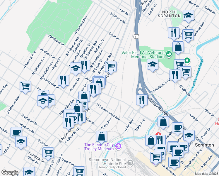 map of restaurants, bars, coffee shops, grocery stores, and more near 521 Pleasant Avenue in Scranton