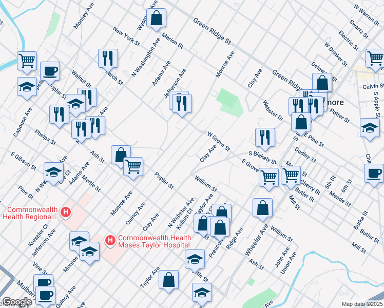 map of restaurants, bars, coffee shops, grocery stores, and more near 1214 Quincy Avenue in Dunmore