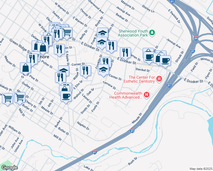 map of restaurants, bars, coffee shops, grocery stores, and more near 303 Smith St in Dunmore