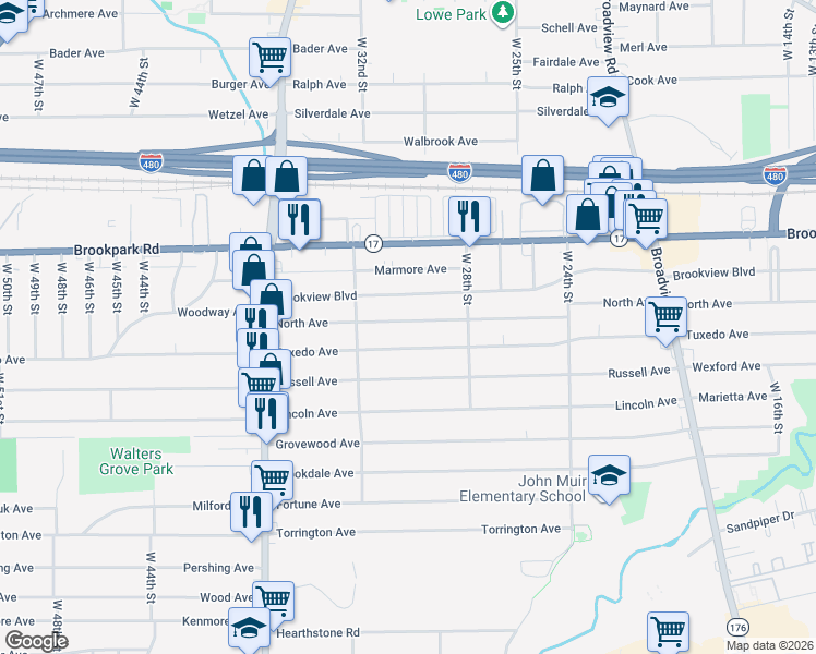 map of restaurants, bars, coffee shops, grocery stores, and more near 3003 North Avenue in Parma