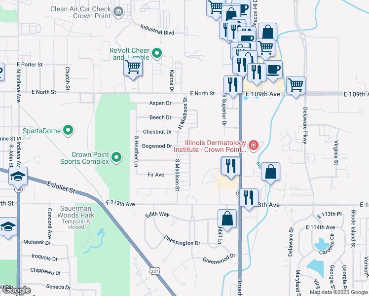 map of restaurants, bars, coffee shops, grocery stores, and more near 1806 Dogwood Court in Crown Point