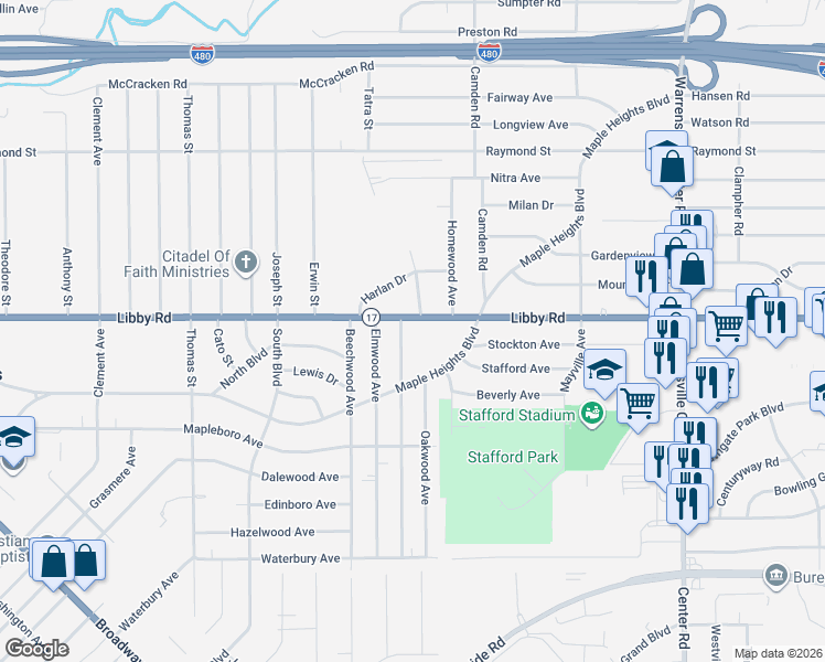 map of restaurants, bars, coffee shops, grocery stores, and more near 18900 Libby Road in Maple Heights
