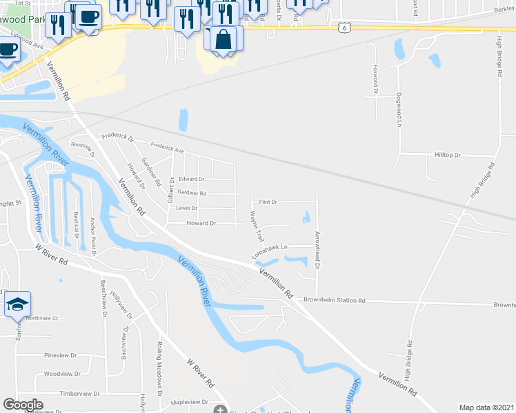 map of restaurants, bars, coffee shops, grocery stores, and more near 1057 Wayne Trail in Vermilion