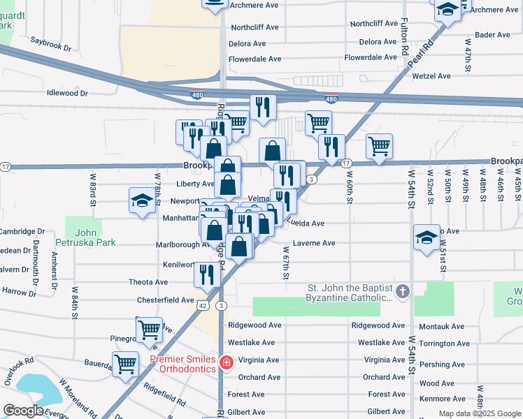 map of restaurants, bars, coffee shops, grocery stores, and more near 6902 Luelda Avenue in Parma