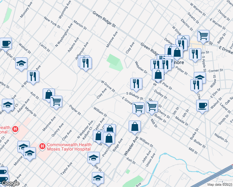 map of restaurants, bars, coffee shops, grocery stores, and more near 700 South Blakely Street in Scranton