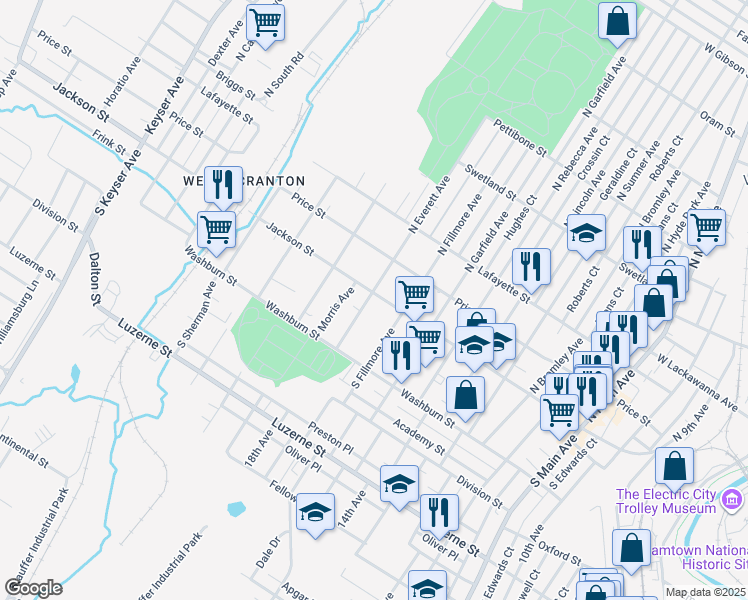 map of restaurants, bars, coffee shops, grocery stores, and more near 1822 Jackson Street in Scranton