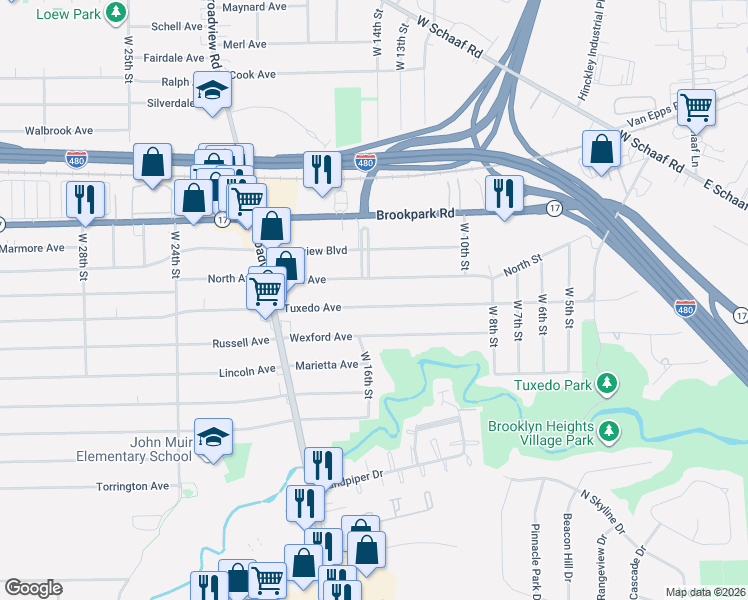 map of restaurants, bars, coffee shops, grocery stores, and more near 1510 Tuxedo Avenue in Parma