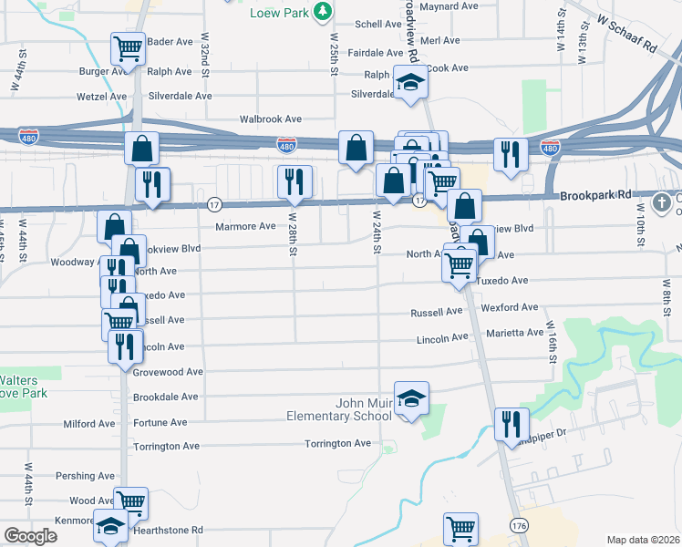map of restaurants, bars, coffee shops, grocery stores, and more near 2515 North Avenue in Parma