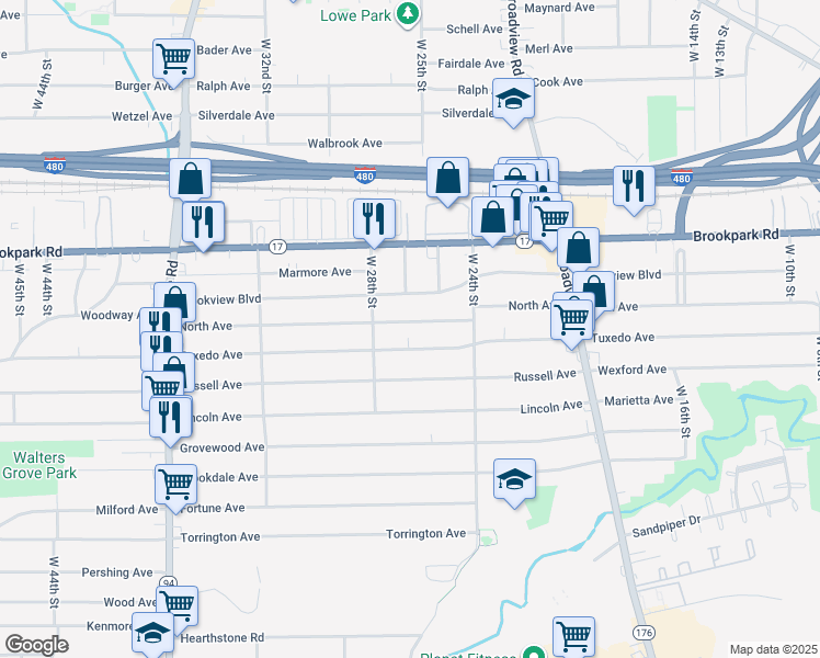 map of restaurants, bars, coffee shops, grocery stores, and more near 2515 North Avenue in Parma