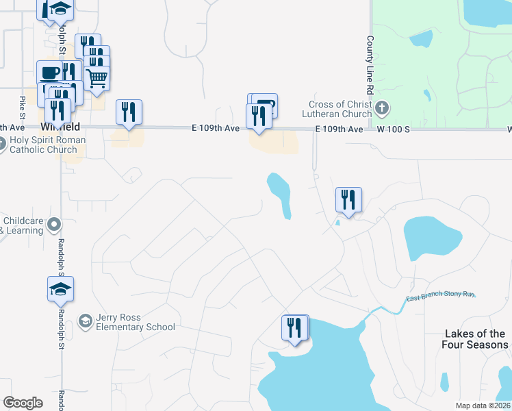 map of restaurants, bars, coffee shops, grocery stores, and more near 4163-4171 Oakmont Court in Crown Point