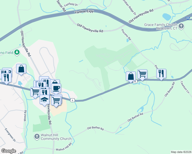 map of restaurants, bars, coffee shops, grocery stores, and more near 3 Franklin Court in Newtown