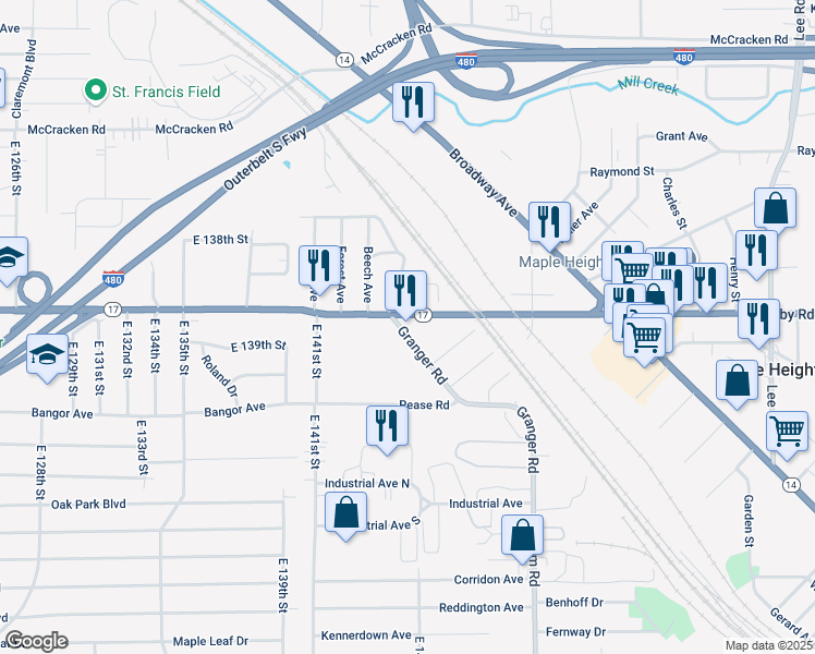 map of restaurants, bars, coffee shops, grocery stores, and more near 14517 Granger Road in Maple Heights
