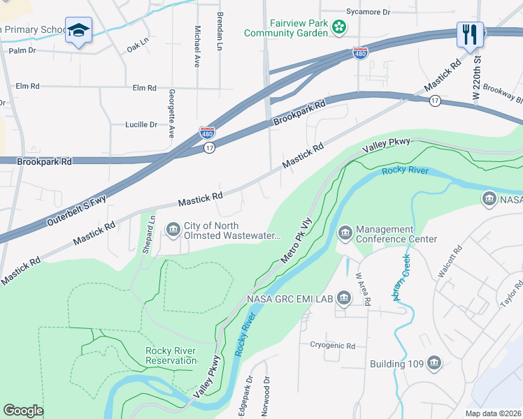 map of restaurants, bars, coffee shops, grocery stores, and more near 23235 Mastick Road in North Olmsted
