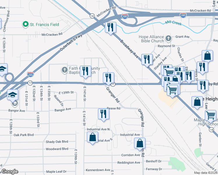 map of restaurants, bars, coffee shops, grocery stores, and more near 14517 Granger Road in Maple Heights