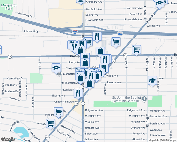 map of restaurants, bars, coffee shops, grocery stores, and more near 7110 Luelda Avenue in Parma
