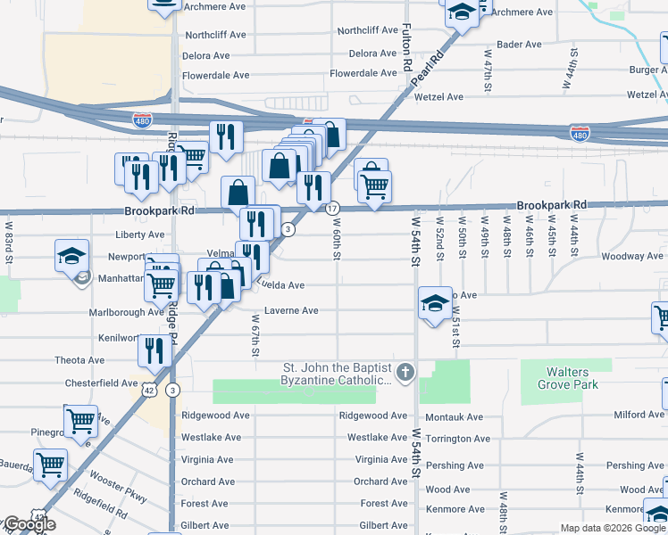 map of restaurants, bars, coffee shops, grocery stores, and more near 6003 Velma Avenue in Parma