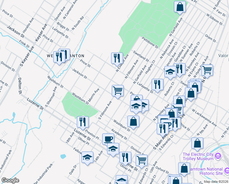 map of restaurants, bars, coffee shops, grocery stores, and more near 1822 Jackson Street in Scranton