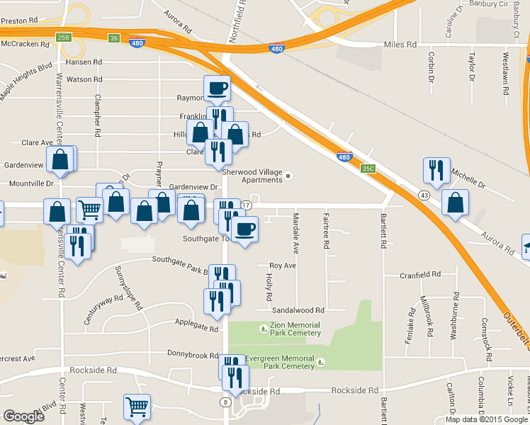 map of restaurants, bars, coffee shops, grocery stores, and more near 22032 Libby Road in Bedford Heights