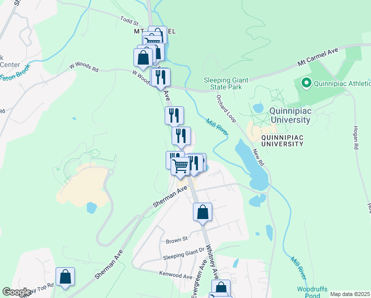 map of restaurants, bars, coffee shops, grocery stores, and more near 3357 Whitney Avenue in Hamden