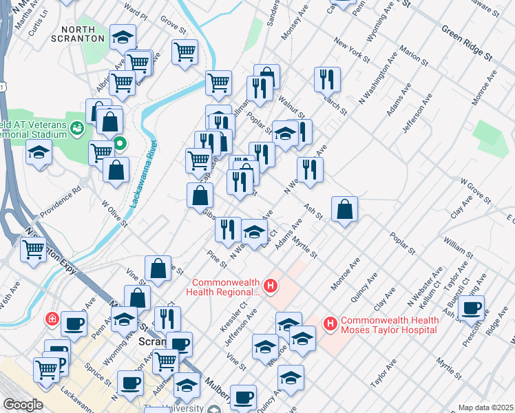 map of restaurants, bars, coffee shops, grocery stores, and more near 425 New Street in Scranton