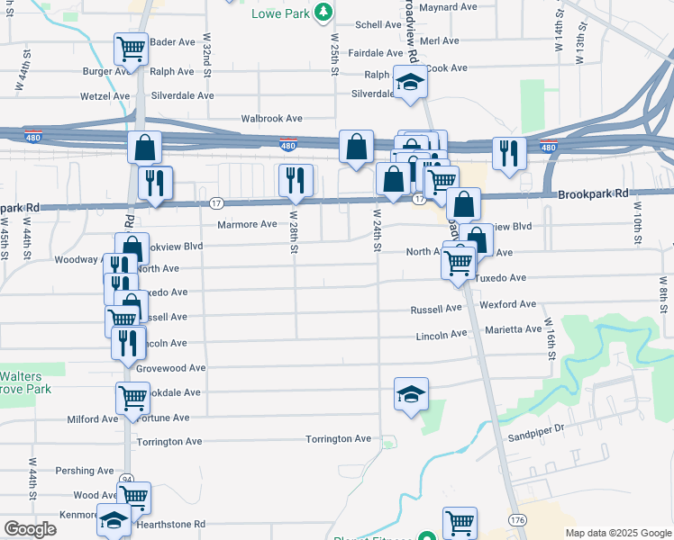map of restaurants, bars, coffee shops, grocery stores, and more near 2515 North Avenue in Parma