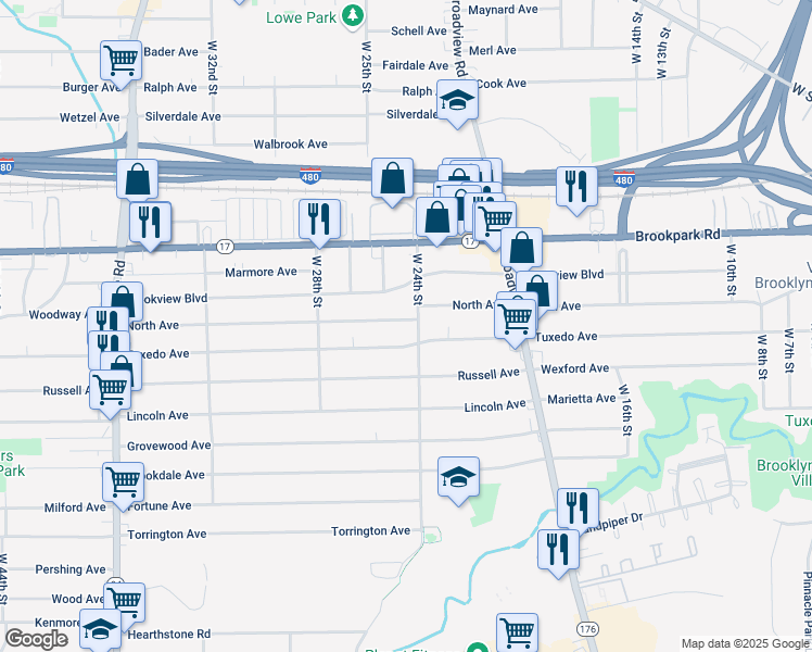 map of restaurants, bars, coffee shops, grocery stores, and more near 2411 North Avenue in Parma