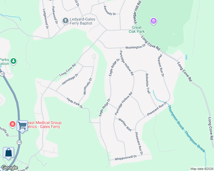 map of restaurants, bars, coffee shops, grocery stores, and more near 24 Eagle Ridge Drive in Ledyard