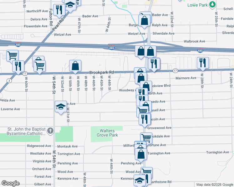 map of restaurants, bars, coffee shops, grocery stores, and more near 4261 Woodway Avenue in Cleveland