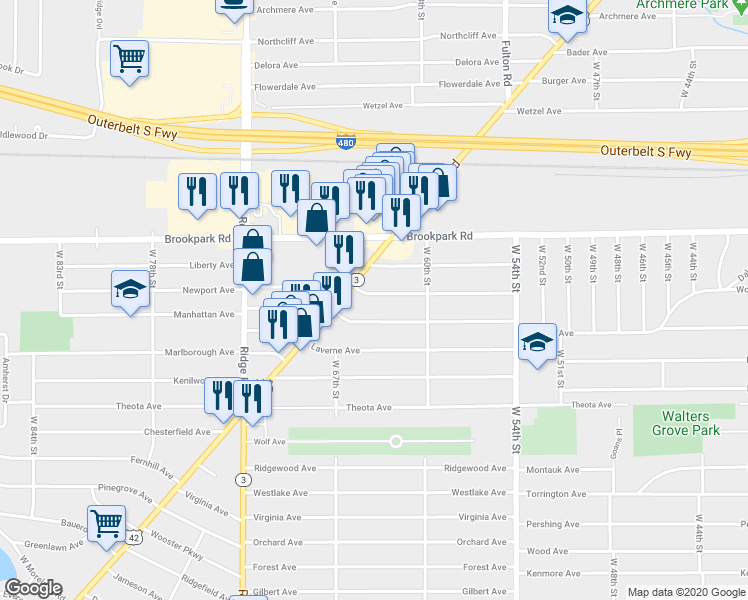 map of restaurants, bars, coffee shops, grocery stores, and more near 6403 Velma Avenue in Parma