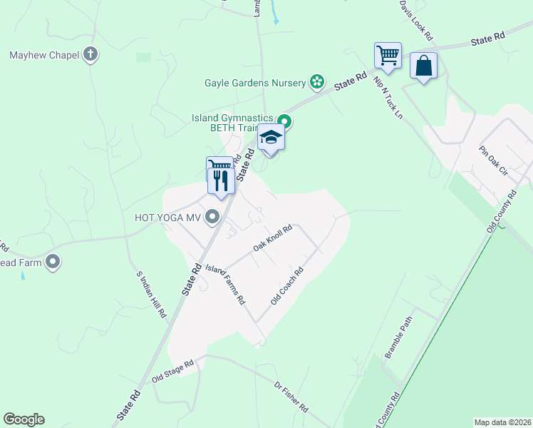 map of restaurants, bars, coffee shops, grocery stores, and more near 24 Cournoyer Road in West Tisbury