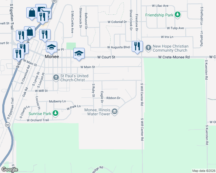 map of restaurants, bars, coffee shops, grocery stores, and more near 5006 Cardinal Court in Monee