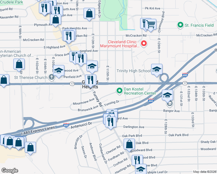 map of restaurants, bars, coffee shops, grocery stores, and more near 11520 Granger Road in Cleveland