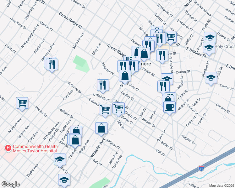 map of restaurants, bars, coffee shops, grocery stores, and more near 512 S Blakely St in Dunmore