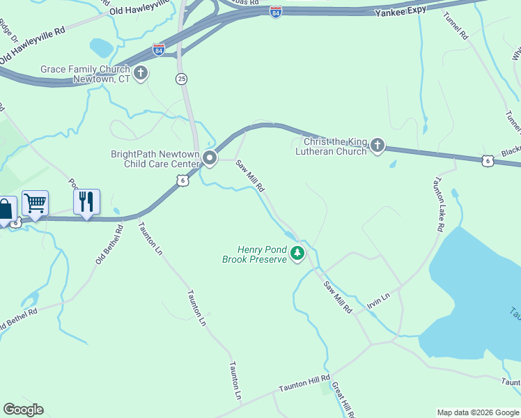 map of restaurants, bars, coffee shops, grocery stores, and more near 13 Saw Mill Road in Newtown