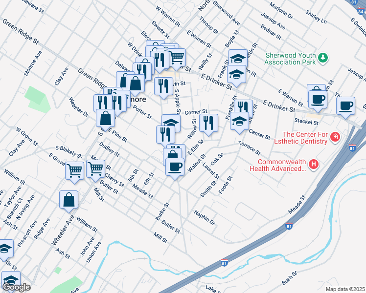 map of restaurants, bars, coffee shops, grocery stores, and more near 103 Willow Street in Dunmore