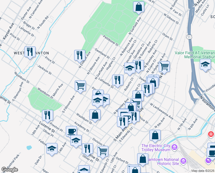 map of restaurants, bars, coffee shops, grocery stores, and more near 214 North Rebecca Avenue in Scranton