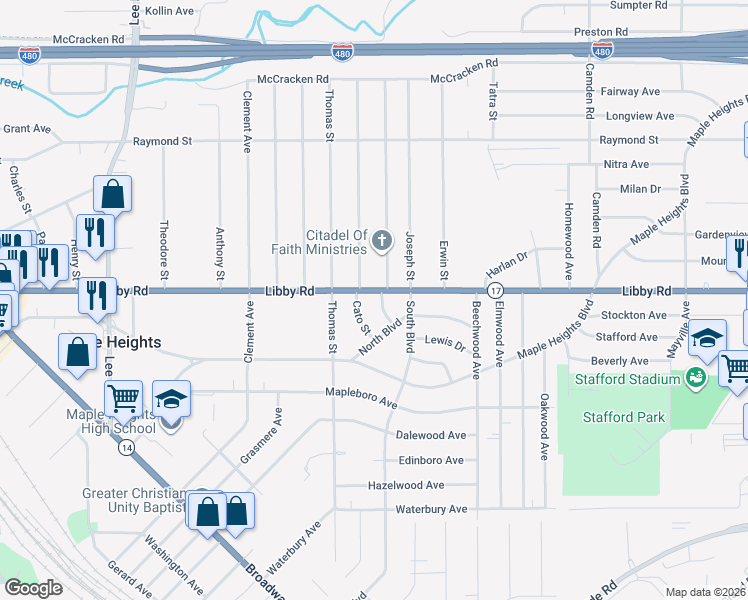 map of restaurants, bars, coffee shops, grocery stores, and more near 5311 Cato Street in Maple Heights