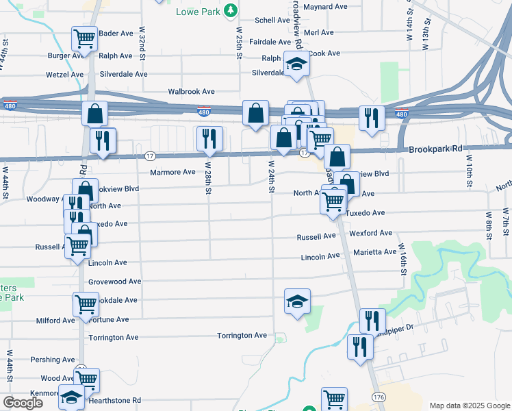 map of restaurants, bars, coffee shops, grocery stores, and more near 2411 North Avenue in Parma