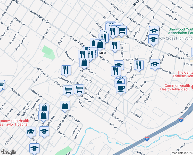 map of restaurants, bars, coffee shops, grocery stores, and more near 156 East Pine Street in Dunmore