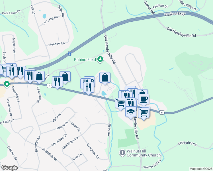 map of restaurants, bars, coffee shops, grocery stores, and more near 214 Copper Square Drive in Bethel