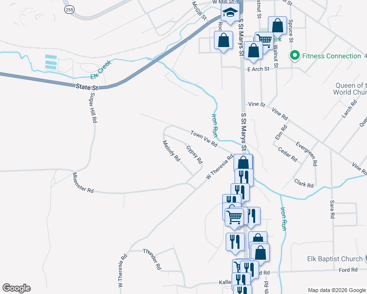 map of restaurants, bars, coffee shops, grocery stores, and more near 110 Gypsy Road in Saint Marys