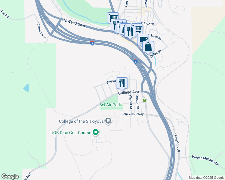 map of restaurants, bars, coffee shops, grocery stores, and more near 397 Dakota St in Weed