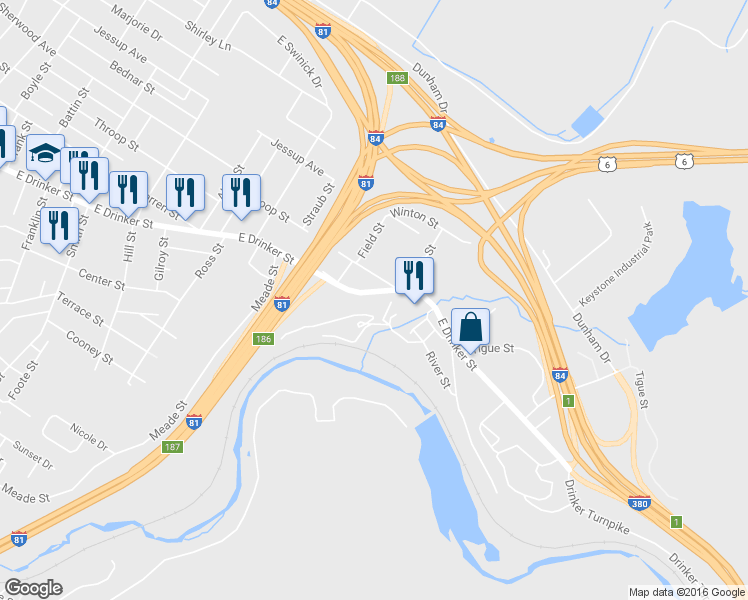 map of restaurants, bars, coffee shops, grocery stores, and more near 952 East Drinker Street in Dunmore