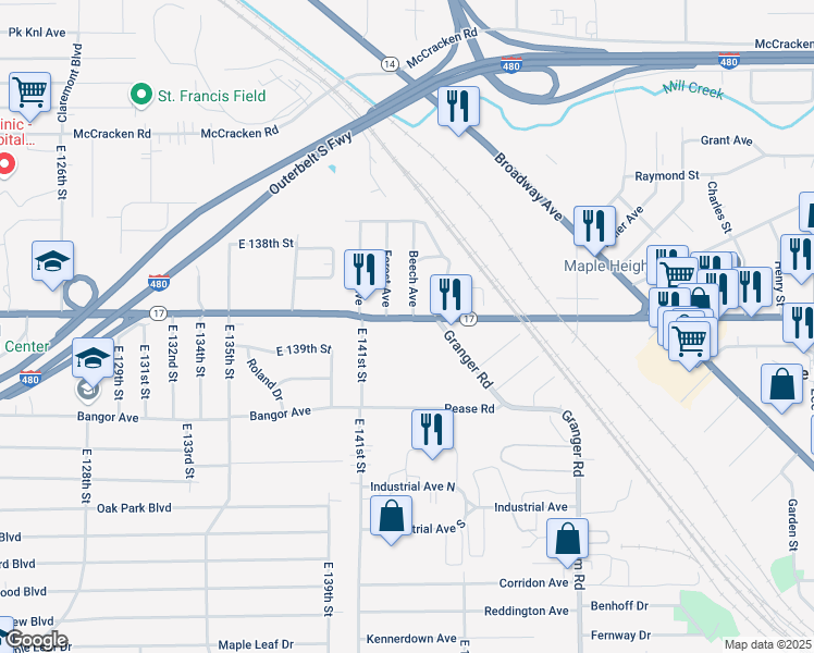 map of restaurants, bars, coffee shops, grocery stores, and more near 14320 Granger Road in Maple Heights