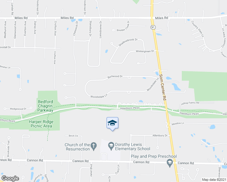 map of restaurants, bars, coffee shops, grocery stores, and more near 32345 Woodsdale Lane in Solon