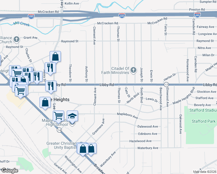 map of restaurants, bars, coffee shops, grocery stores, and more near 17362 Libby Road in Maple Heights