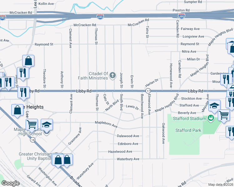map of restaurants, bars, coffee shops, grocery stores, and more near 18110 Libby Road in Maple Heights
