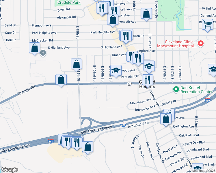 map of restaurants, bars, coffee shops, grocery stores, and more near 10450 Granger Road in Garfield Heights