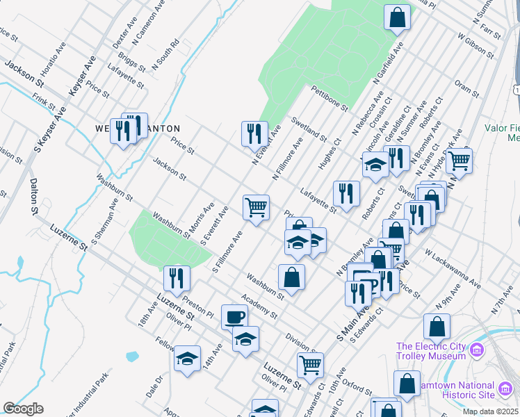 map of restaurants, bars, coffee shops, grocery stores, and more near 118 North Fillmore Avenue in Scranton