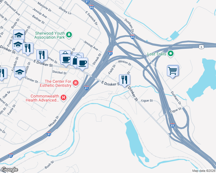 map of restaurants, bars, coffee shops, grocery stores, and more near 952 E Drinker St in Dunmore